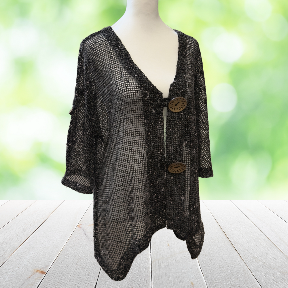 LULU B Boucle Mesh Topper Jacket Sheer Wood Button Lagenlook Boho Black Size M - Picture 13 of 14